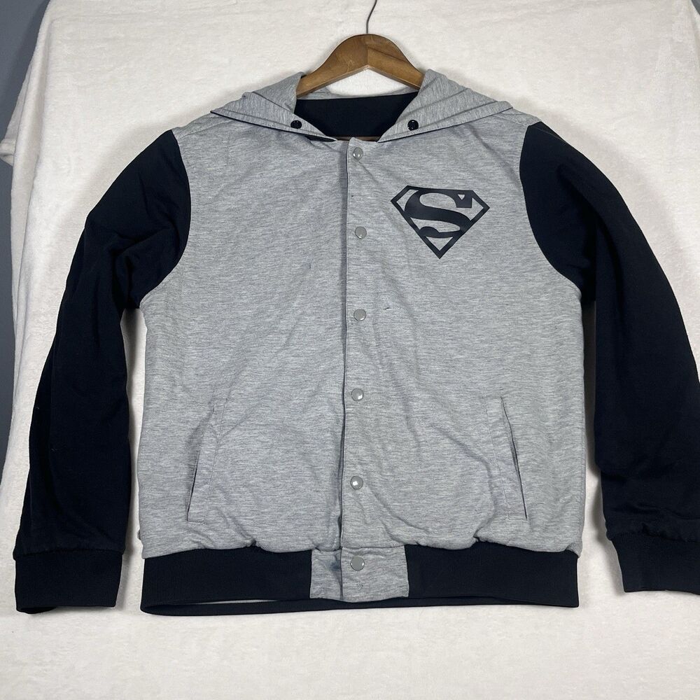 DC Comics Reversible Superman Batman Jacket Mens M Hooded Varsity Gray Black